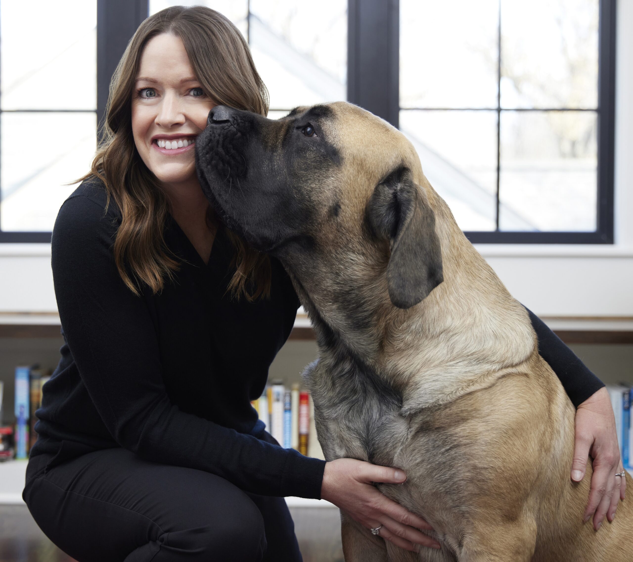 A woman smiling as a large dog affectionately licks her face indoors. A woman smiling as a large dog affectionately licks her face indoors.